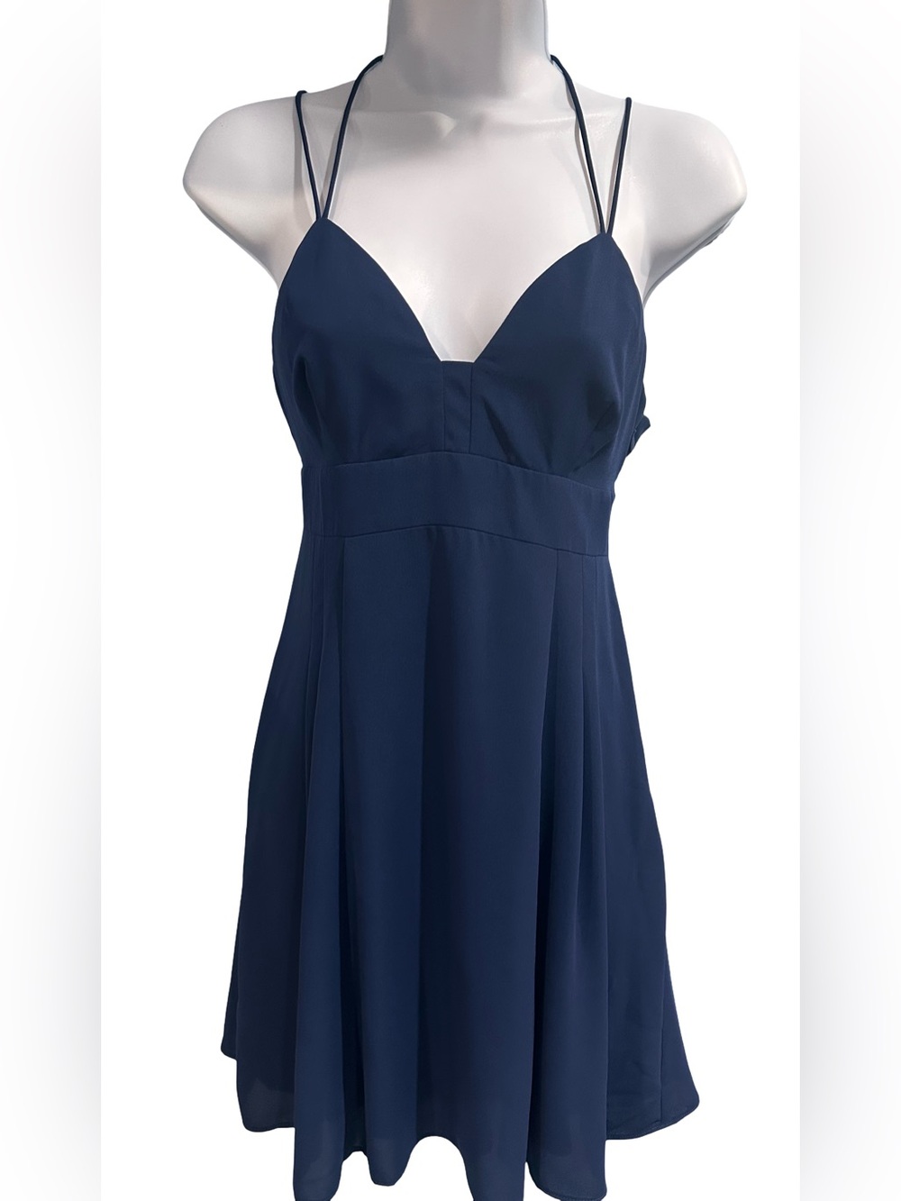 Express Navy Double Spaghetti Strap Low Back Cutout Deep V Neck Lined Mini Dress